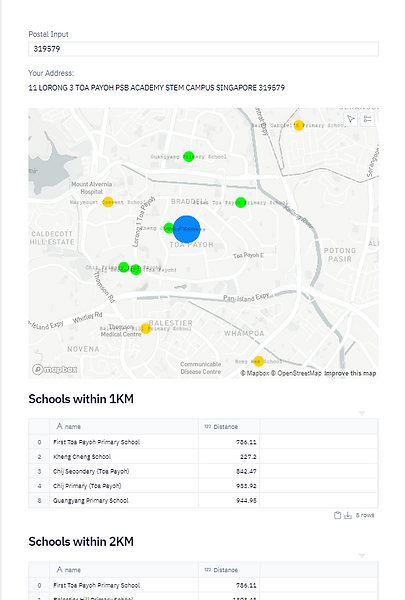 Map interface showing primary school proximity analysis around a chosen address in Singapore