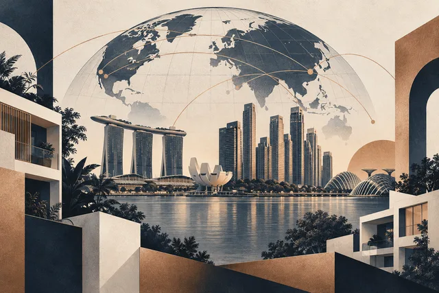 Editorial illustration of Singapore architecture and international connections